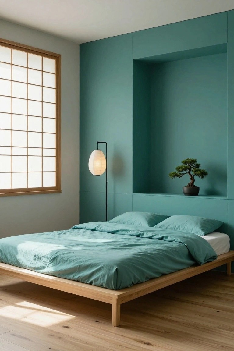 A minimalist bedroom with teal walls and bedding on a low wooden platform bed, a bonsai tree on a shelf in the teal wall, a black floor lamp with white paper shade, and a shoji window beside light wood floors.