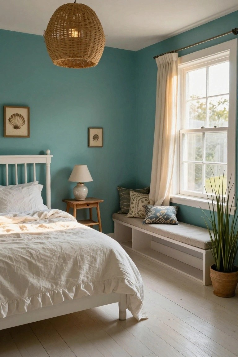 Bedroom with light teal walls, white wooden spindle bed frame and rumpled white sheets, wooden nightstand with white lamp, rattan hanging light fixture, cream curtains on multi-pane window, built-in window bench with pillows, and tall potted plant in corner.