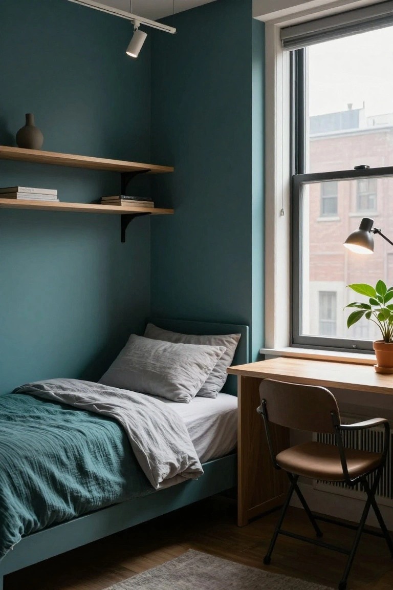 Compact bedroom with teal walls, low bed draped in teal and gray linens, wooden desk and chair, floating oak shelves holding books and a vase, desk lamp, potted plant by window overlooking brick buildings, and track lighting.