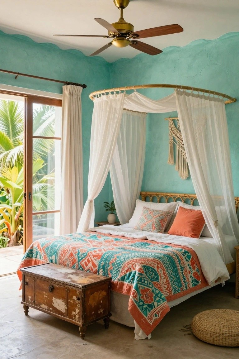 Bedroom with aqua teal textured walls, circular bamboo canopy bed frame draped in white sheer fabric, orange and teal patterned quilt with pillows, wooden trunk bench at foot of bed, rattan pouf on tile floor, and sliding glass doors to palm trees and plants.