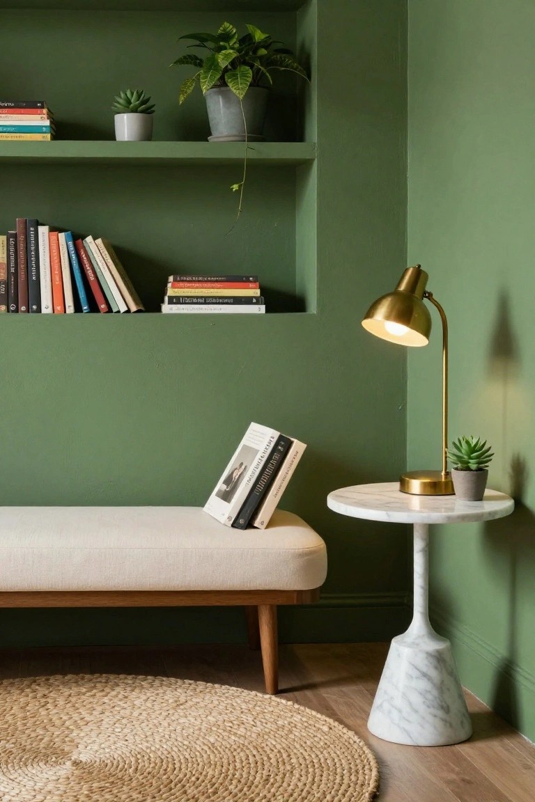 A corner of a living room with dark green walls featuring recessed open shelves stocked with colorful books and potted plants, a beige upholstered bench below, a small round white marble side table with a gold desk lamp and succulent plant.