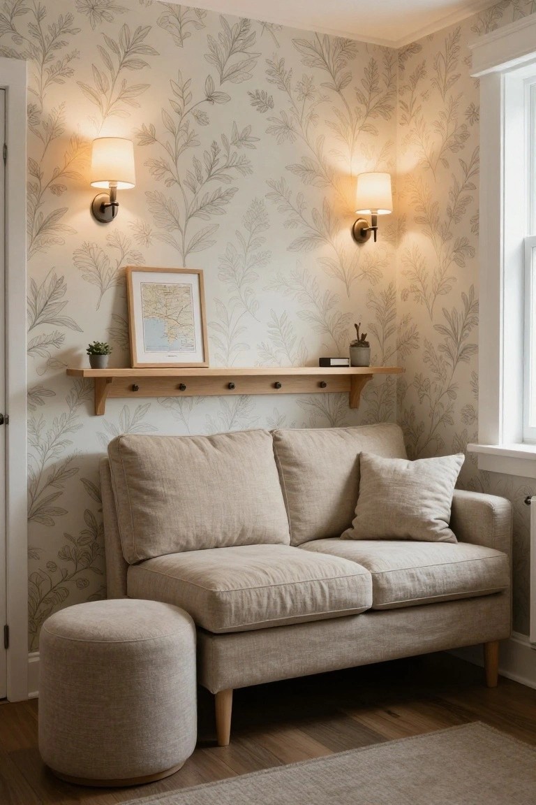 A beige loveseat with cushions sits in a room corner against light gray botanical wallpaper, with a wooden wall shelf holding a framed map, small plants, and a pouf stool on the hardwood floor nearby.