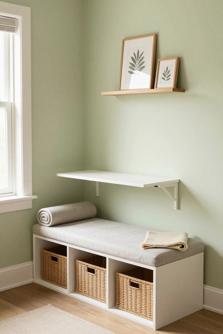 Pale green corner of an indoor room with a white cube storage unit as a cushioned bench under a window, wicker baskets in cubbies, rolled gray cushion, folded throw, white floating shelf, and wooden shelf above with two framed leaf prints.