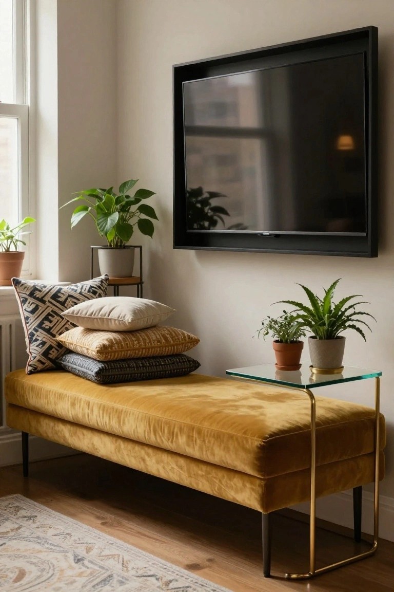 Corner of a living room with a mustard velvet bench piled with patterned pillows, a glass and brass side table holding two potted plants, wall-mounted black TV above, and several houseplants near a window.