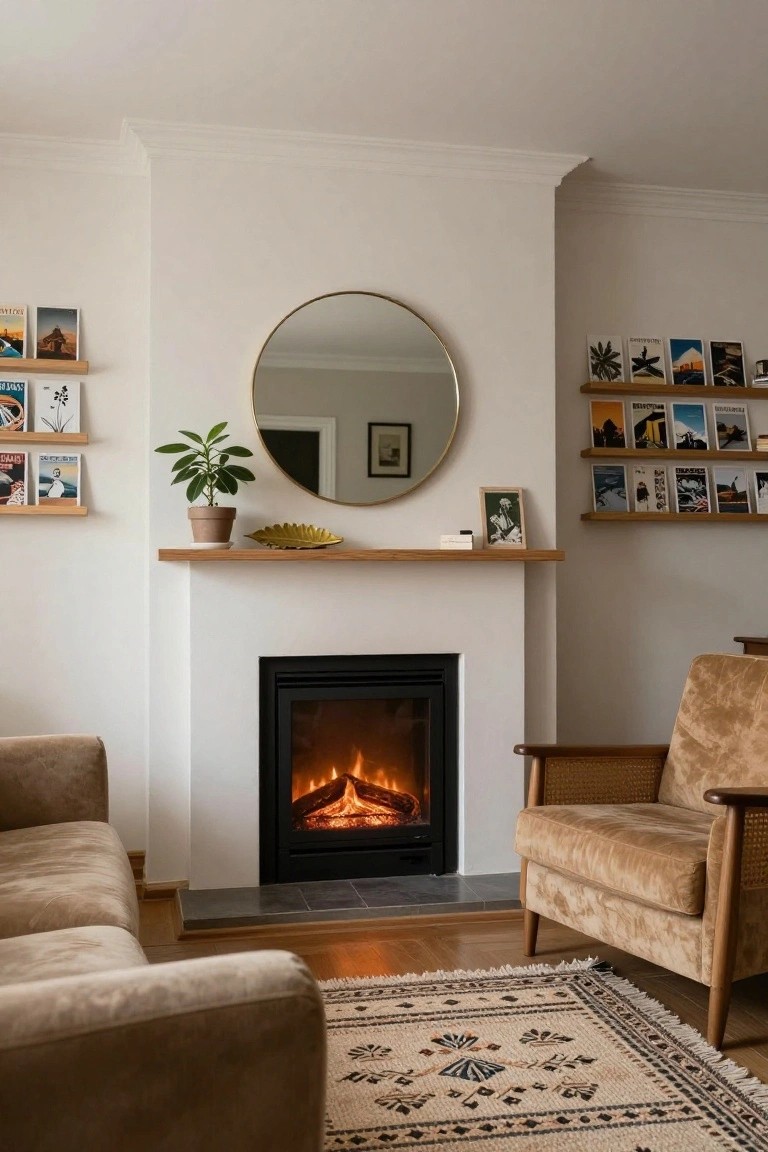 Small living room with black modern fireplace lit with flames, beige sofa on left, two beige rattan armchairs on right, wooden floating shelves with postcards and photos, gold round mirror above mantel, potted plant, and patterned rug on wood floor.