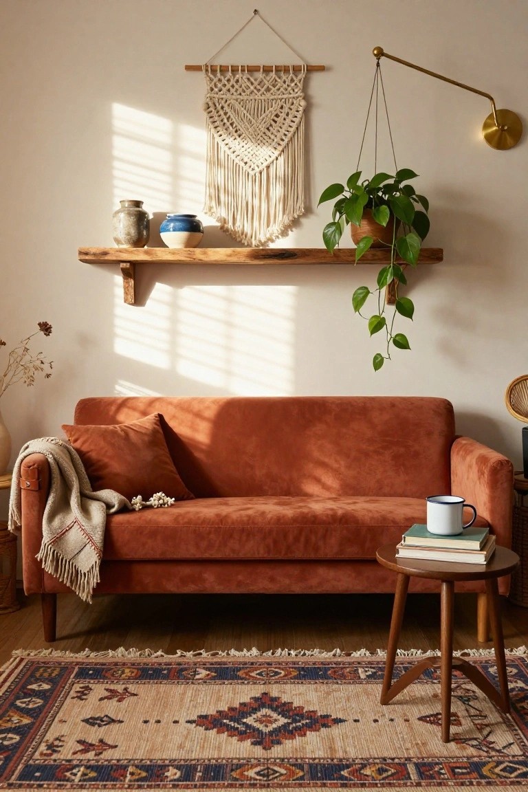 A compact living room with a burnt orange velvet sofa, wooden floating shelf displaying plants, pottery, and a macrame wall hanging, beside a small wooden side table holding books and a white mug.