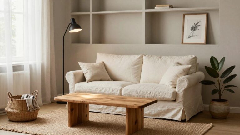 A cozy living room featuring a cream slipcovered sofa, low wooden coffee table with a bowl, seagrass rug, built-in wall shelves with vases and books, a potted plant in a basket, black floor lamp, and a framed botanical print on beige walls next to a window with sheer curtains.