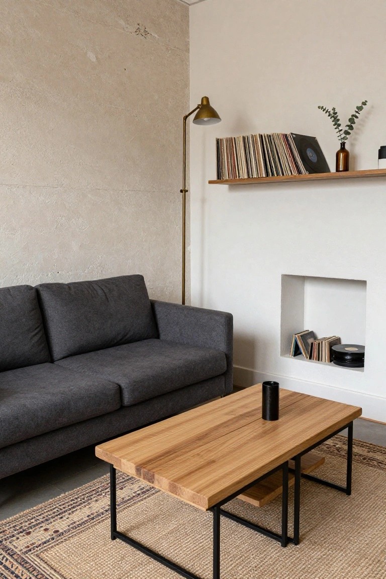 A compact living room featuring a gray sofa, low oak coffee table with black metal legs and lower shelf, beige patterned rug, brass arc lamp, floating wood shelf holding stacked vinyl records, and a built-in white niche with books and records.