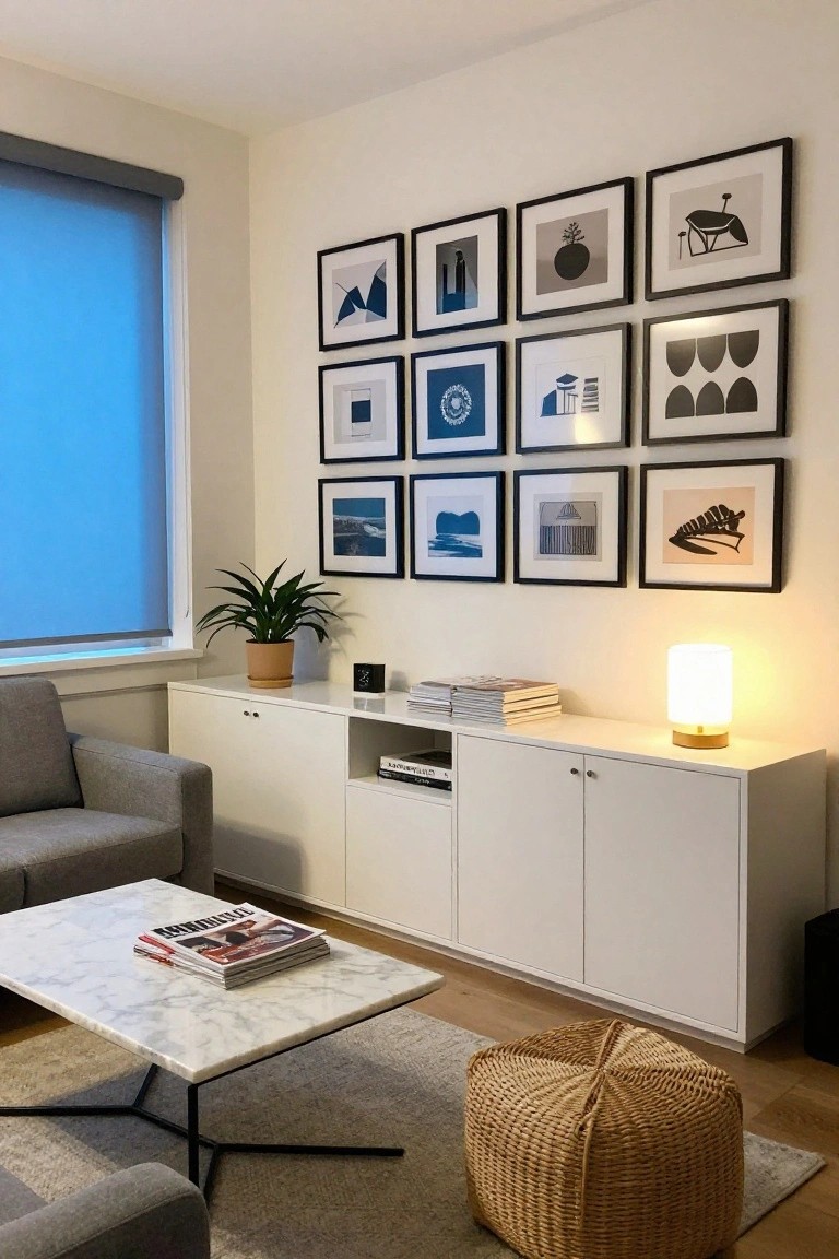 Small modern living room with a 3x3 grid of black-framed abstract black-and-white prints on a light wall above a white credenza unit, gray armchair, white marble coffee table on black legs, woven rattan pouf, potted plant, and rolled window shade.