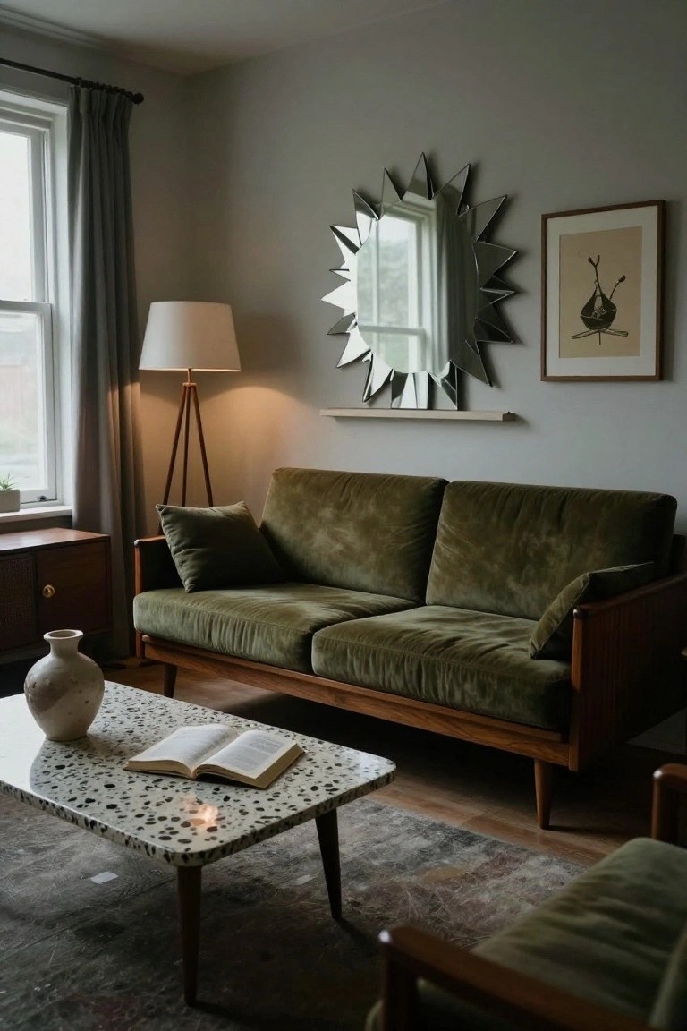 A small living room with a green velvet two-seater sofa on wooden legs, white terrazzo coffee table with open book and candle, tripod floor lamp, wooden credenza with vase, starburst mirror on gray wall, and potted plant by window with gray curtains.
