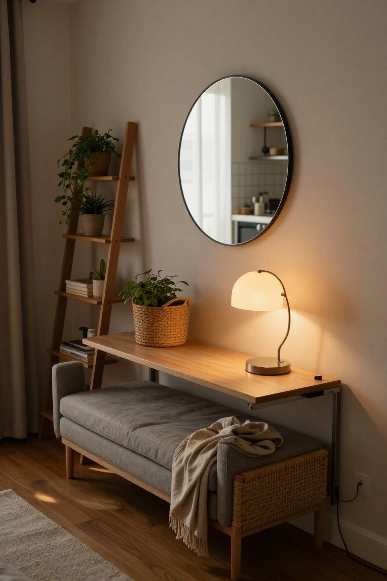 Wooden ladder shelf with potted plants and books against a beige wall in a living room corner, beside a round black mirror reflecting a kitchen, oak console table holding a glass-domed lamp and wicker basket plant, gray bench with cream throw underneath on wood floor.