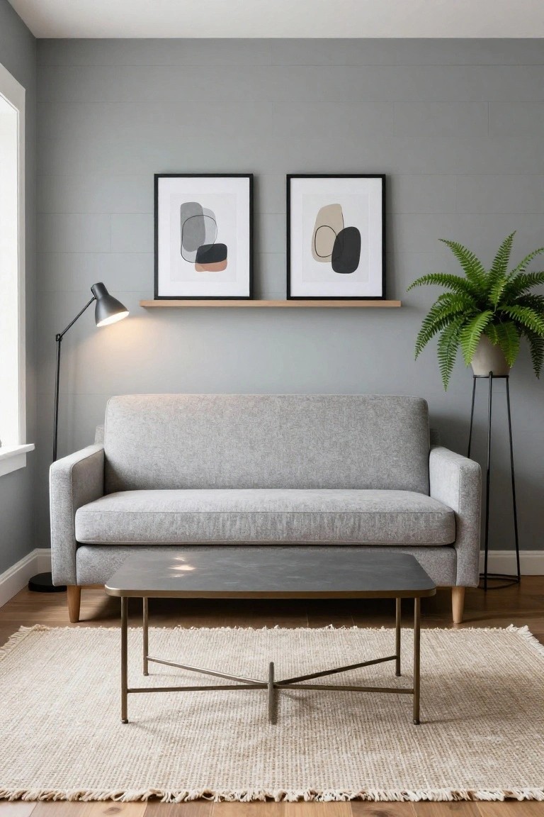 Small gray fabric loveseat facing a black metal coffee table with brass legs on a light seagrass rug in a pale gray room with abstract black-framed art, a black floor lamp, and a potted fern on a metal stand.