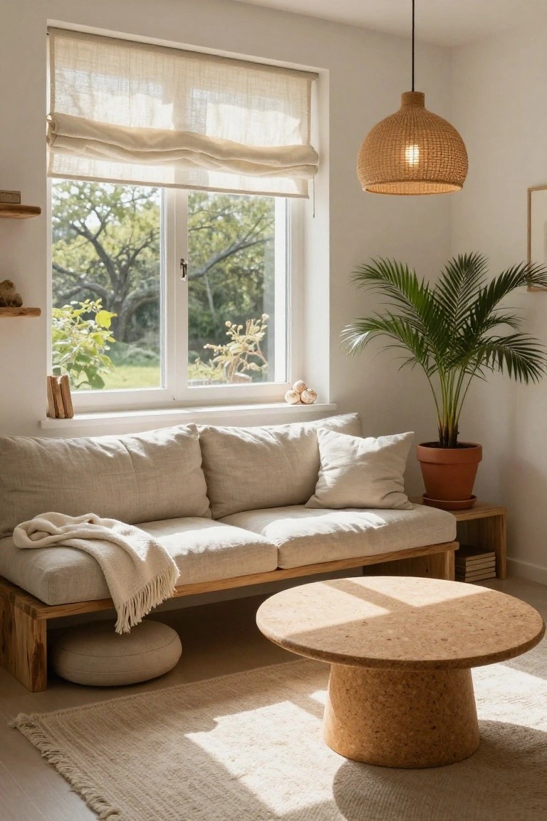 Sunlit living room featuring a low beige linen sofa on wooden frame, round cork coffee table, potted palm plant, rattan pendant lamp, and linen window shades with garden view.