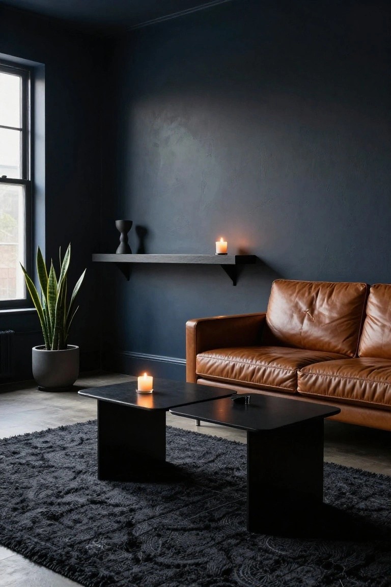 A small living room with dark navy walls, tan leather sofa, two black square coffee tables, gray potted snake plant, floating black shelf with ceramics and candle, another candle on table, black rug, and window.