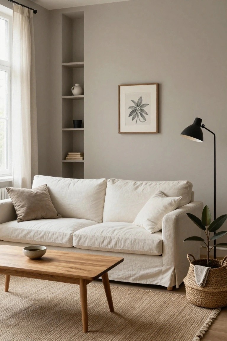 A cozy living room featuring a cream slipcovered sofa, low wooden coffee table with a bowl, seagrass rug, built-in wall shelves with vases and books, a potted plant in a basket, black floor lamp, and a framed botanical print on beige walls next to a window with sheer curtains.