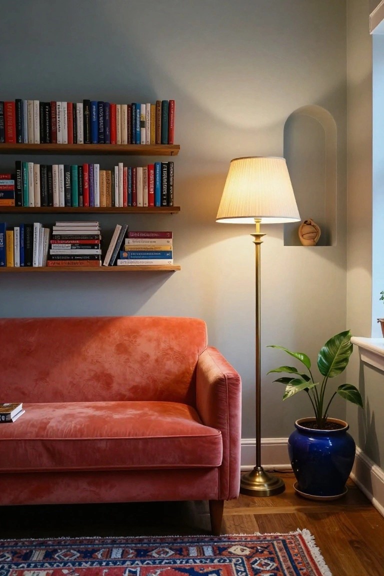 A small living room with light gray walls, wooden floating bookshelves filled with colorful books, a coral-colored velvet sofa, a tall brass floor lamp with fabric shade, a potted green plant in a blue ceramic pot, and a patterned Persian rug on wood floors.