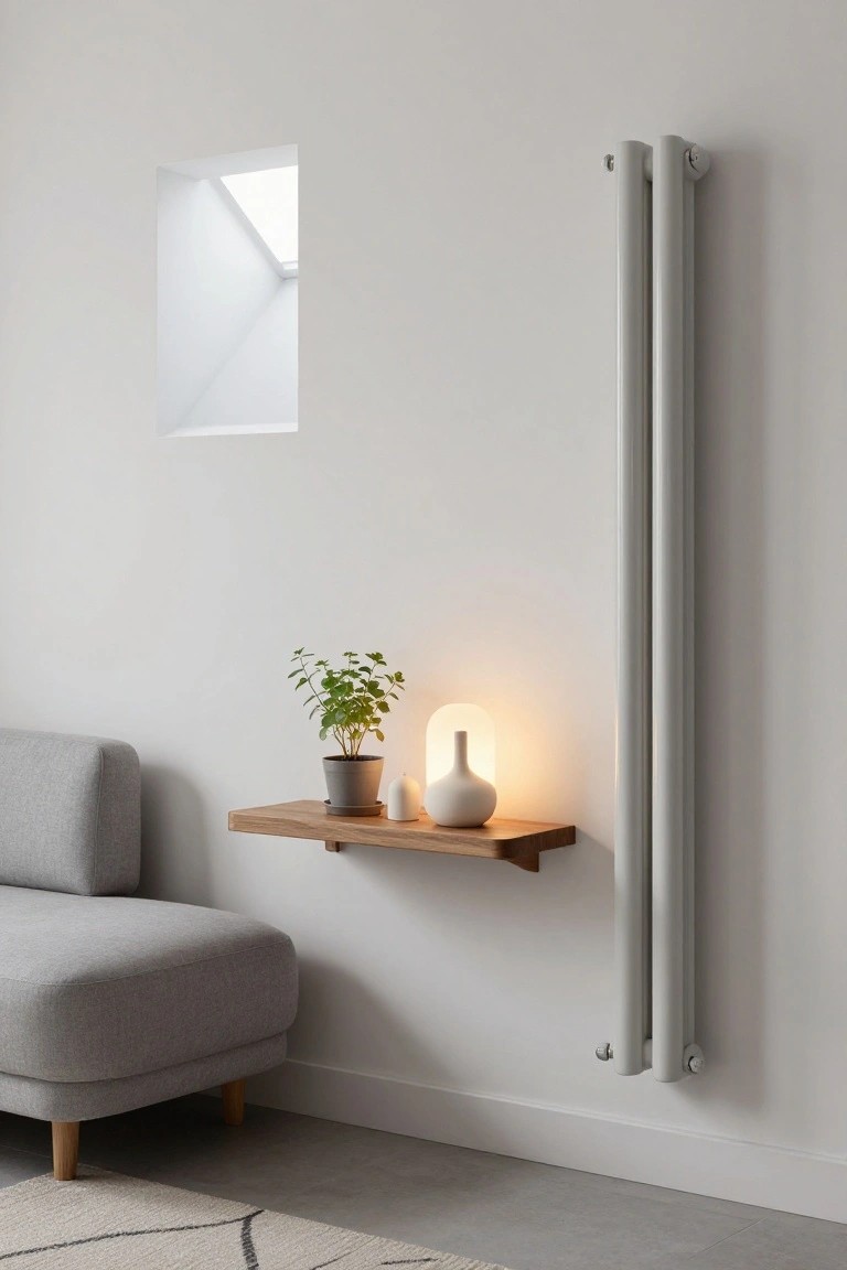 Modern living room corner with tall slim gray vertical radiator on white wall, wooden floating shelf above holding gray pot plant, white vase, and lit white lamp, gray fabric sofa nearby on wood legs, light gray rug on floor.
