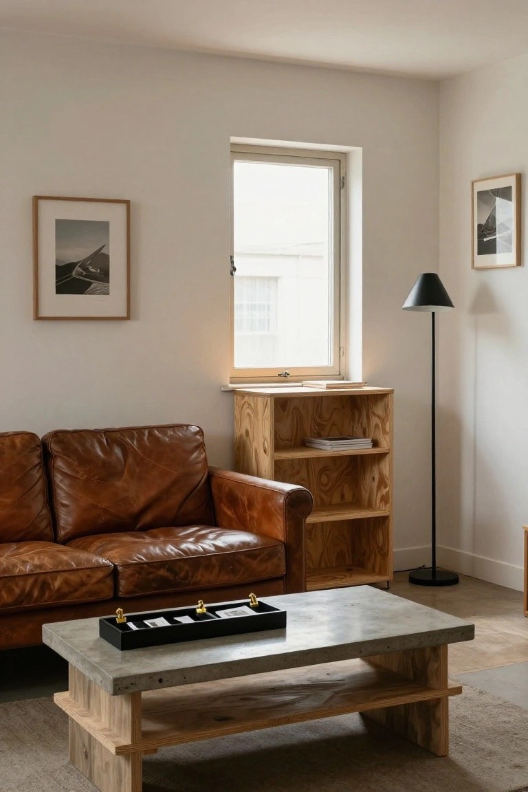 Small modern living room featuring a brown leather sofa, wooden open bookshelf, concrete-topped coffee table with wooden legs, white walls, a floor lamp, and framed photos near a large window.