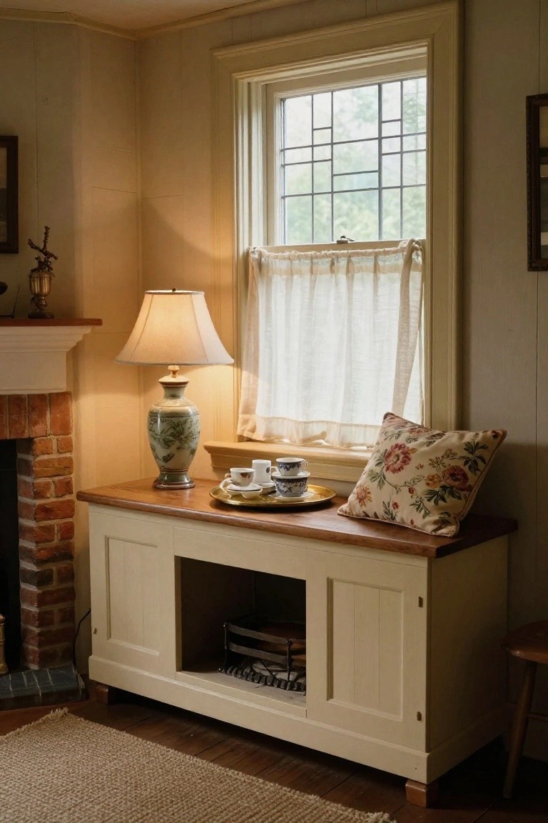 Cozy living room corner with a low cream cabinet bench under a leaded window, topped by a wood tray with teacups and saucers plus a floral pillow, a green porcelain vase lamp beside it, and firewood stored in the open base next to a brick fireplace.