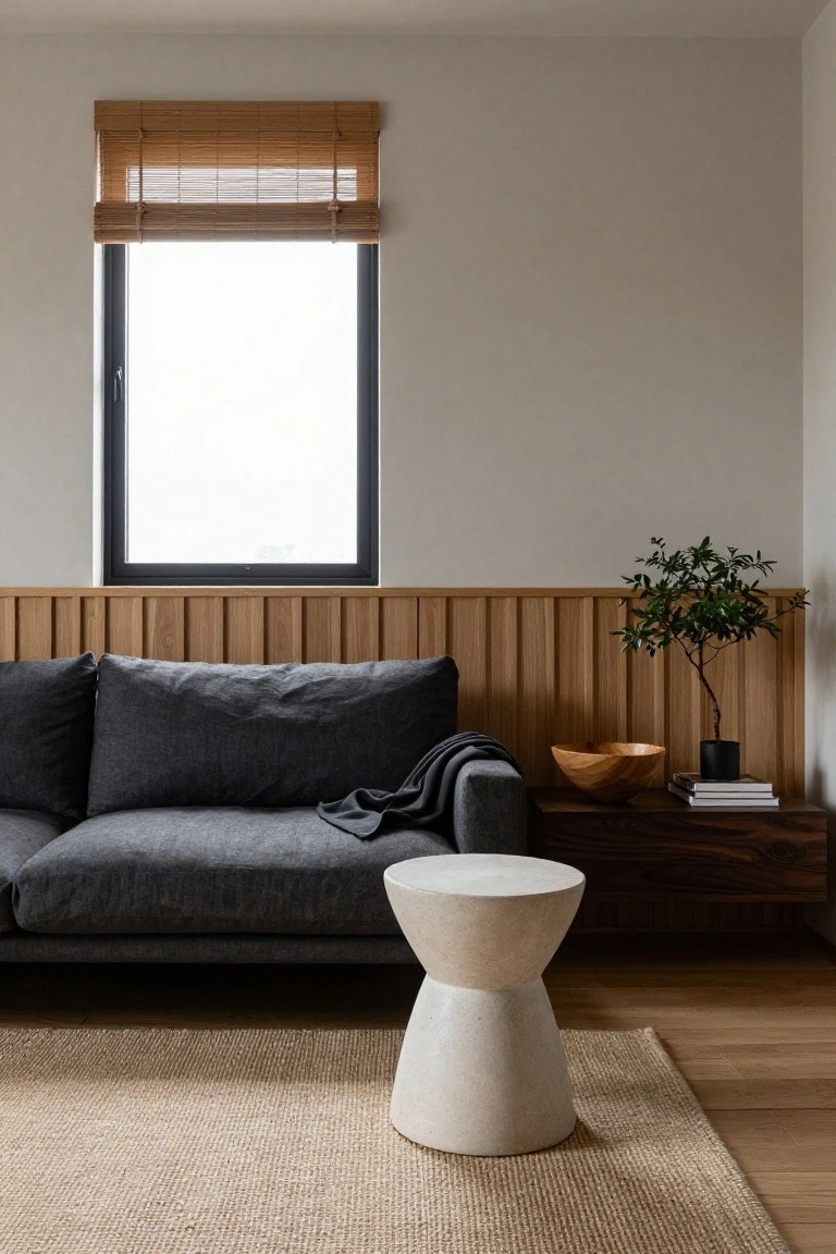 A living room corner with dark gray sofa against light wood vertical slat lower wall paneling, white tapered pedestal stool coffee table, wooden side table holding a wooden bowl and stacked books, black plant pot, and bamboo blinds over a large window.