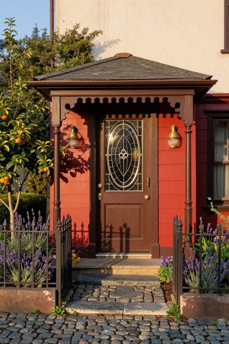 Red Victorian cottage front entrance under a wooden covered porch with carved brackets, brass lanterns flanking a dark wood door with oval stained glass, iron gate, lavender plants in beds, and cobblestone path.