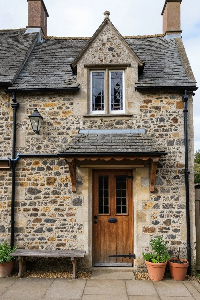 Stone cottage exterior with random-pattern walls, a double wooden front door under a timber-framed hooded porch, a wall lantern, bench, and potted plants at the entrance.
