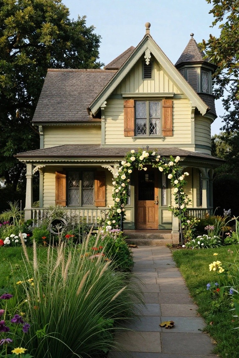 Pale yellow Victorian cottage with steep roof, small turret, decorative trim, shuttered windows, wraparound porch, rose-covered arch over wooden front door, flower gardens, tall ornamental grasses, and stone pathway.