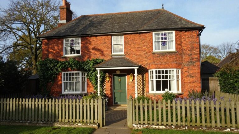 Red brick Victorian cottage exterior with corner turret, bay windows including stained glass, ivy-covered porch over green front door, white picket fence, lavender plants, and a paved path.