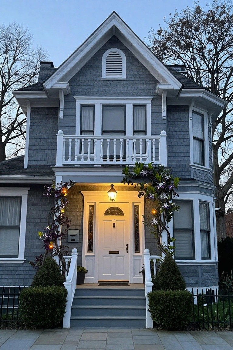 Gray shingled Victorian cottage exterior with white front porch, lantern illuminating the arched white door decorated with purple garlands and white star flowers, boxwood shrubs flanking steps, at dusk with bare trees nearby.