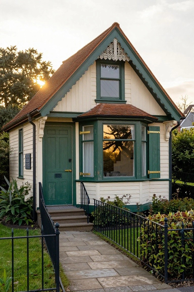 Small two-story Victorian cottage with cream clapboard siding, green front door and shutters, bay window, red tiled roof, black iron fence, stone entry path, and plants in the front yard at sunset.