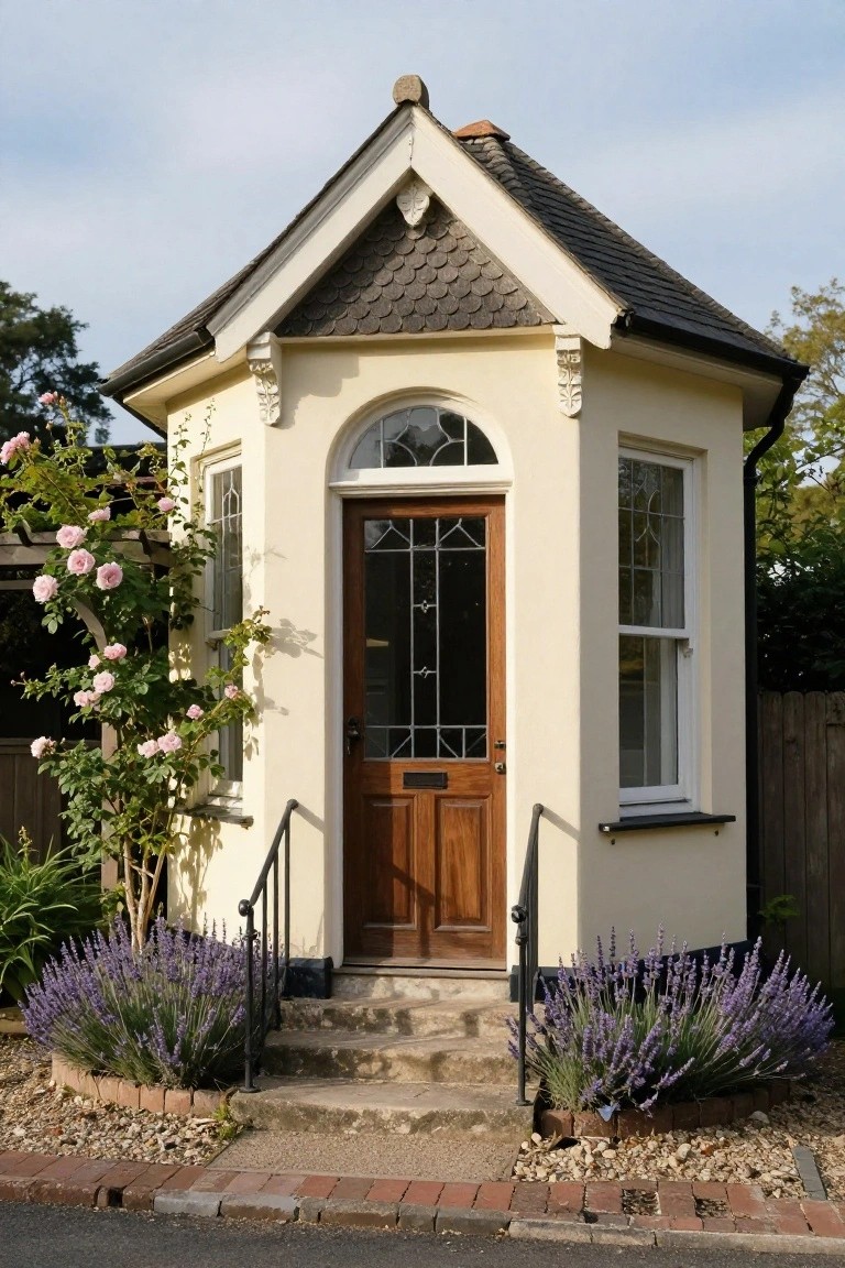 Octagonal cream stucco pavilion with dark slate roof, wooden door featuring stained glass panels, arched fanlight window, flanked by climbing roses and lavender plants beside gravel path and brick edging.