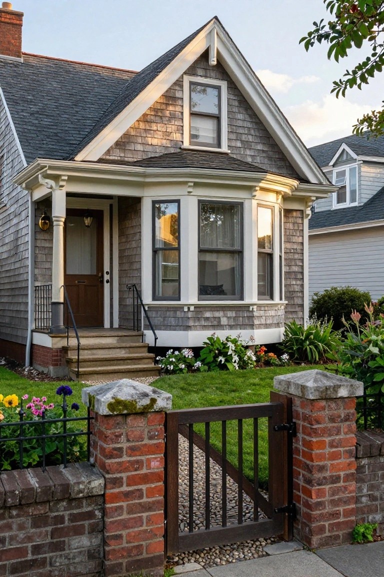Gray shingle-sided Victorian cottage with white trim, bay window, columned front porch, brick pillars supporting a black iron gate, and a surrounding flower garden on a green lawn.