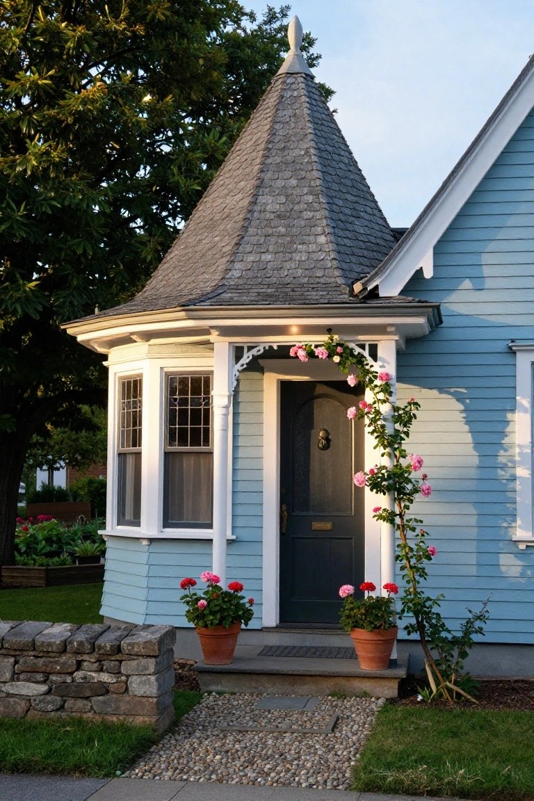 Blue Victorian cottage exterior with a small octagonal turret porch featuring a conical shingled roof, white trim, dark wood door, climbing pink roses on an arch, potted red geraniums, stone wall, gravel path, and garden beds.