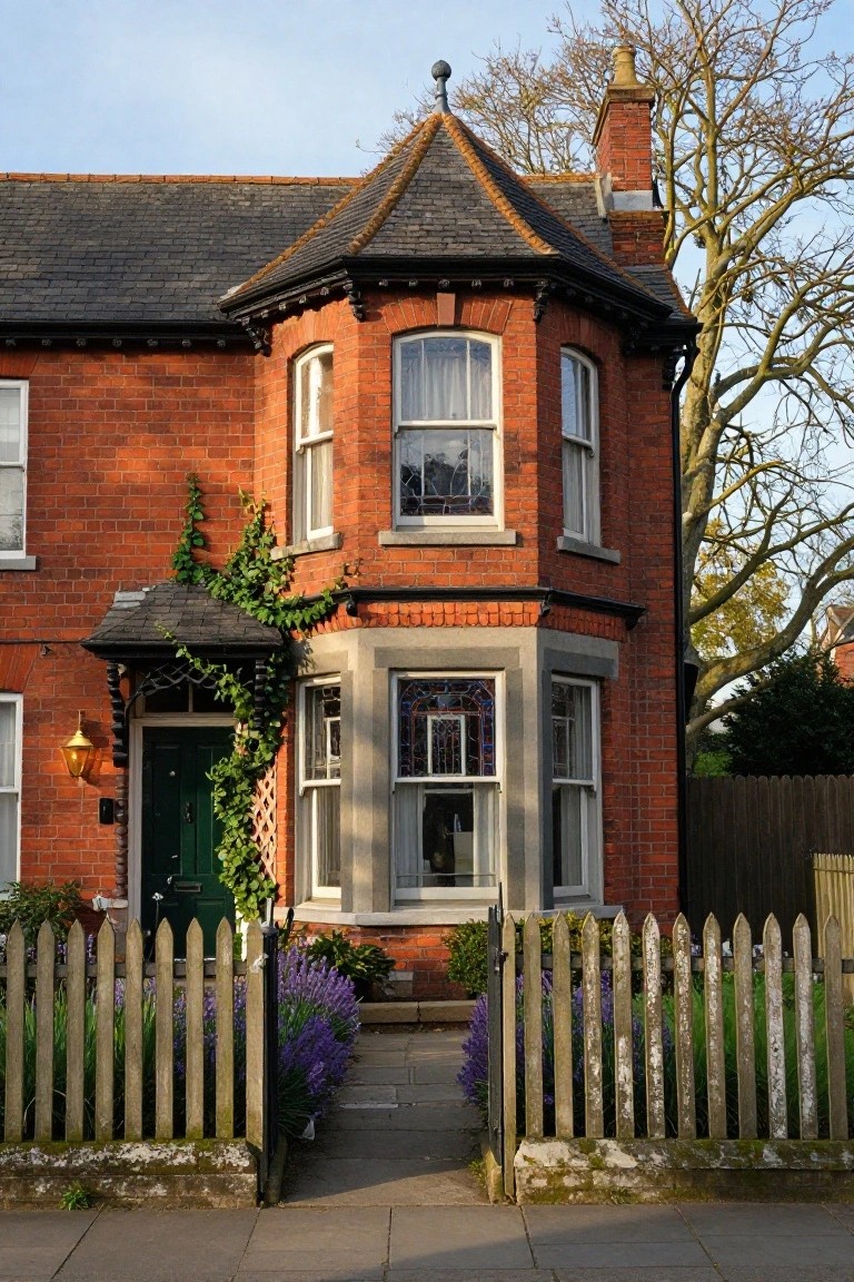 Red brick Victorian cottage exterior with corner turret, bay windows including stained glass, ivy-covered porch over green front door, white picket fence, lavender plants, and a paved path.