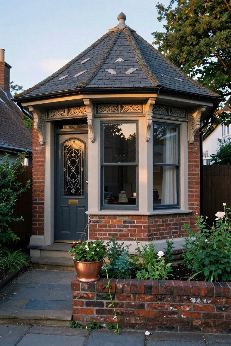 Small octagonal brick garden pavilion with slate roof, ornate carved wooden brackets and bargeboards, arched dark green door with decorative glazing, bay window, copper planter, and surrounding plants on a paved path.