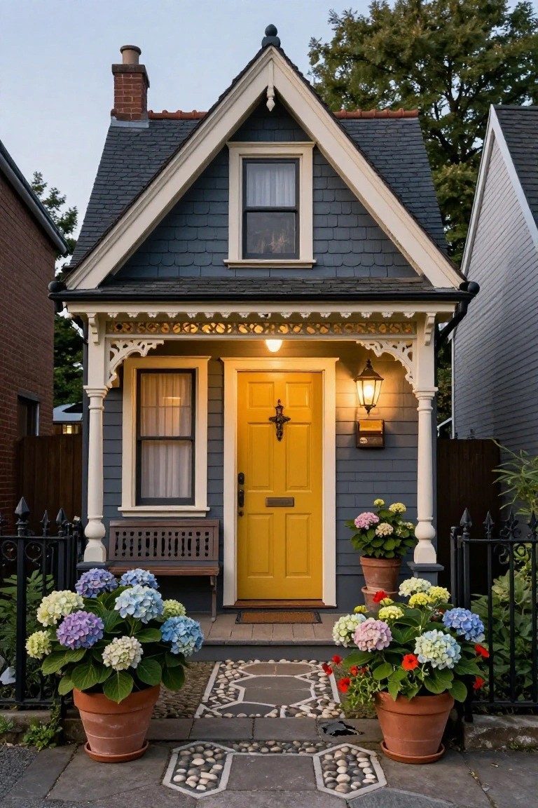 Small gray shingled Victorian cottage with gabled roof, yellow front door, white gingerbread trim on porch, bench, potted hydrangeas, and pebble mosaic pathway in front.