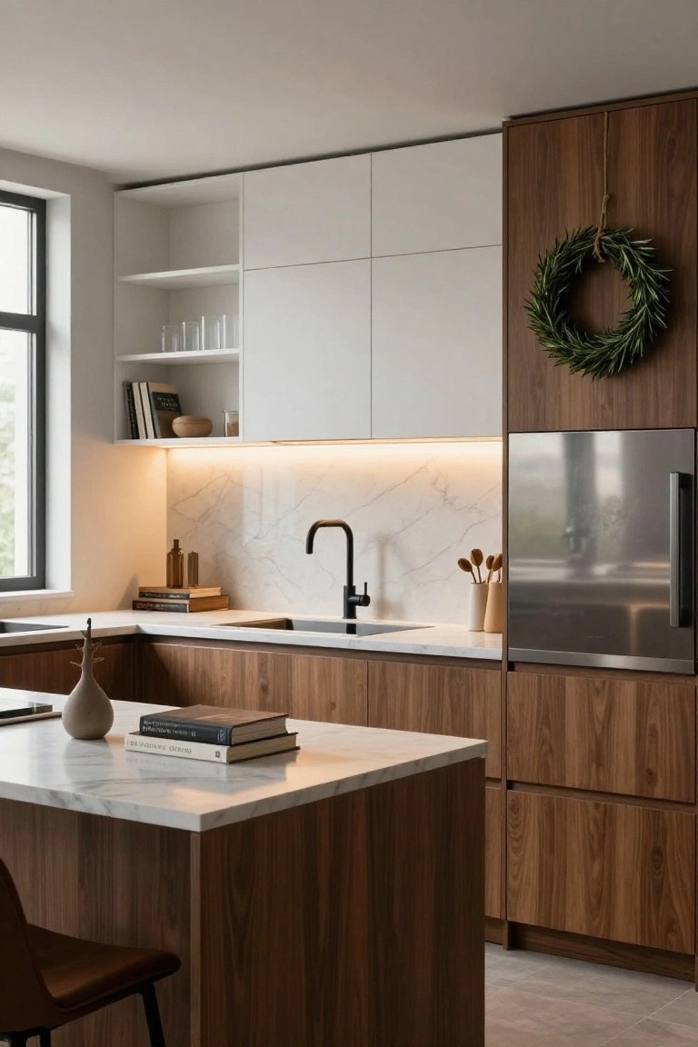 Modern kitchen featuring white upper cabinets, walnut lower cabinets and island, marble countertops and backsplash, black gooseneck faucet, stainless steel refrigerator, wooden utensils on counter, glassware on open shelves, beige vase and books on island, brown leather stool, green evergreen wreath hanging on tall wood cabinet door next to refrigerator, warm LED strip lighting under upper cabinets.