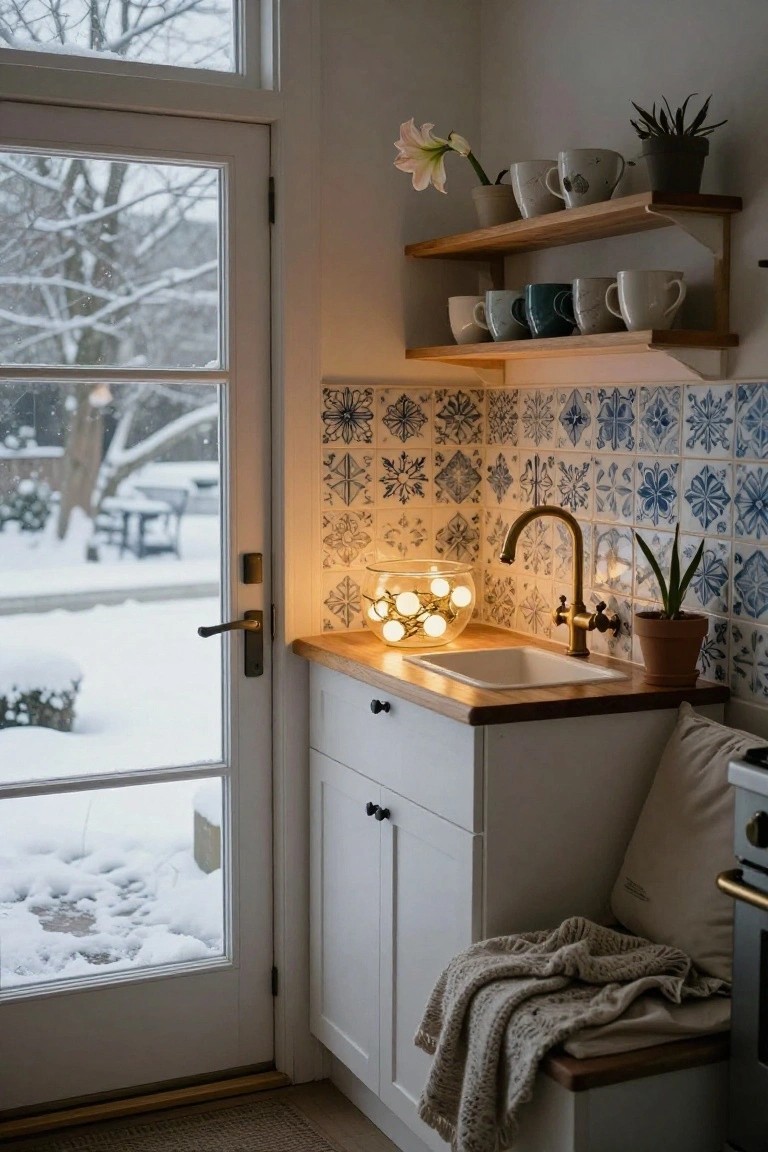 Kitchen corner with white cabinets, wooden countertop and bench, blue snowflake-patterned tile backsplash, glass bowl of white fairy lights under brass faucet, plants, mugs on wooden shelves, and snowy winter view through glass door.