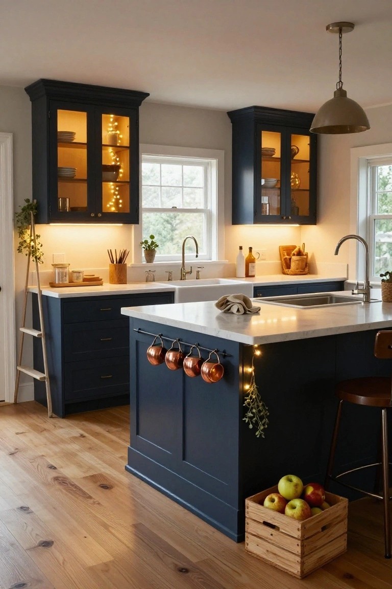 Kitchen with navy cabinets featuring glass-fronted uppers lit by warm fairy lights, a white island with hanging copper pots and string lights along the side, wooden stools, and a crate of apples on the hardwood floor.