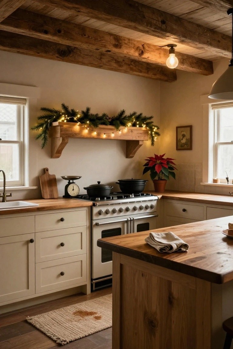 Cream kitchen with wooden beams, gas range under wooden shelf holding evergreen garland with fairy lights, poinsettia plant on counter, wooden island and rag rug on floor.