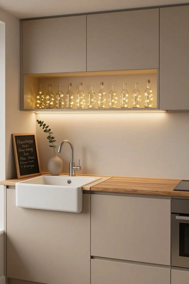 Beige kitchen cabinets with an open shelf displaying glass bottles filled with fairy lights, under-shelf LED strip lighting, a white farmhouse sink, wooden countertop, potted eucalyptus, and a chalkboard sign nearby.