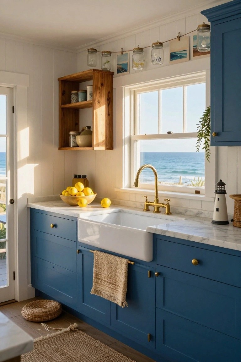Coastal kitchen interior with navy blue cabinets, white shiplap walls, farmhouse sink on marble counters, string of hanging mason jars above cabinets, and ocean view through large windows.