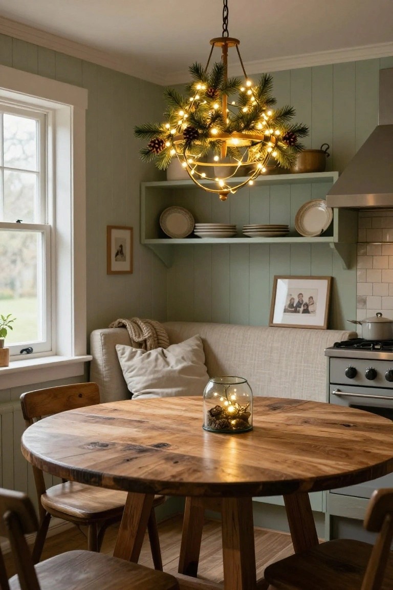Cozy kitchen with pine branch chandelier above round wooden table.