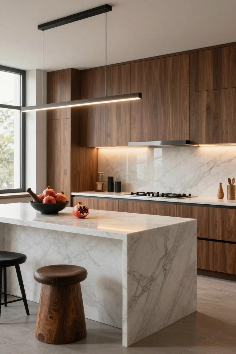 Modern kitchen with walnut wood cabinets and drawers, white marble island and backsplash, gas cooktop under black range hood, linear white LED pendant light overhead, black bowl of pomegranates and single split pomegranate on island, wooden stool with black metal legs, and large window.