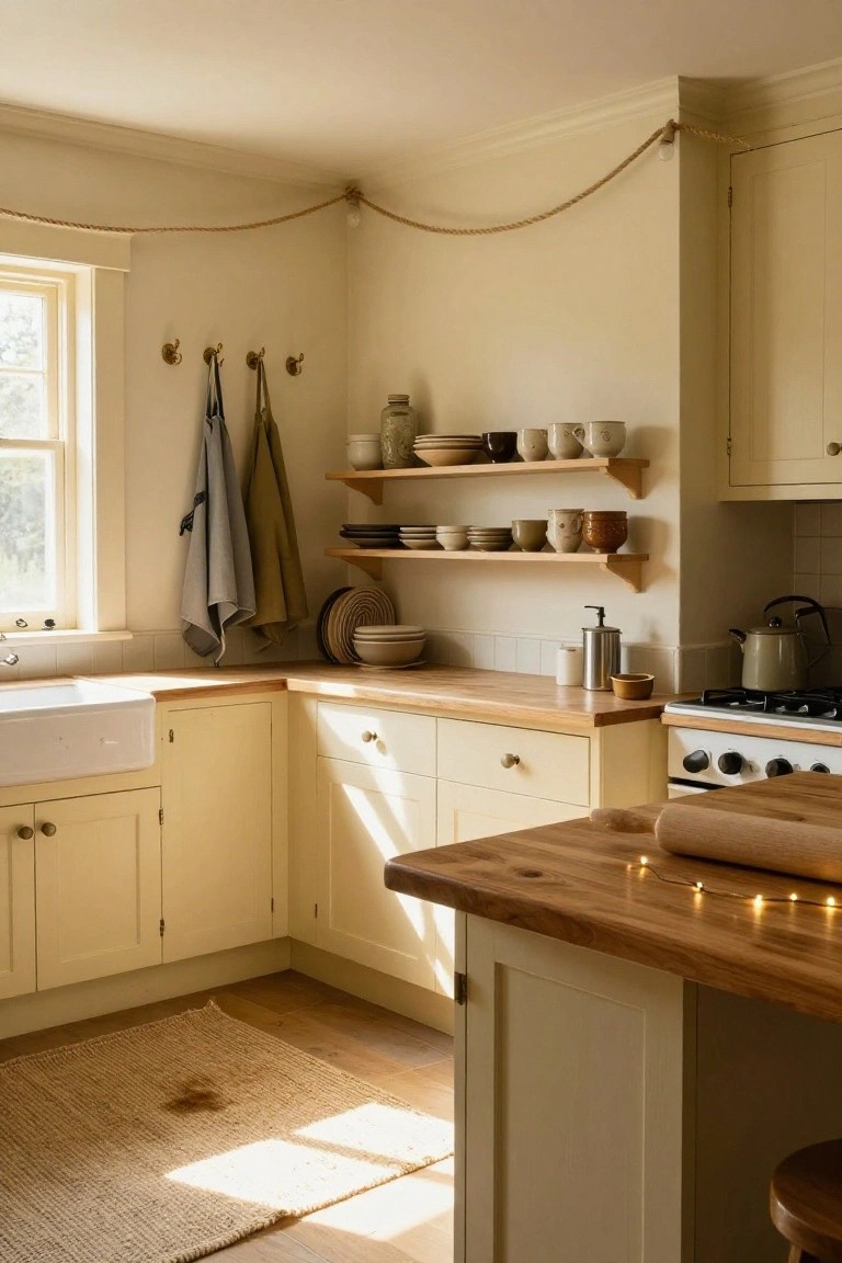 A sunlit kitchen corner with cream cabinets, wooden countertops and island, open wooden shelves holding ceramics and bowls, hanging towels, a farmhouse sink, stove, and rope garlands strung with Edison-style bulbs along the ceiling edge plus fairy lights on the island.