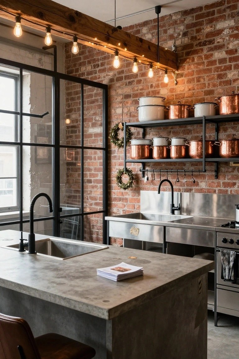 Industrial kitchen with exposed brick walls, wooden beam ceiling strung with warm Edison bulb pendant lights, black metal shelves holding copper pots and white dishes, concrete island countertop with sink and bar stool, stainless steel sinks and appliances.