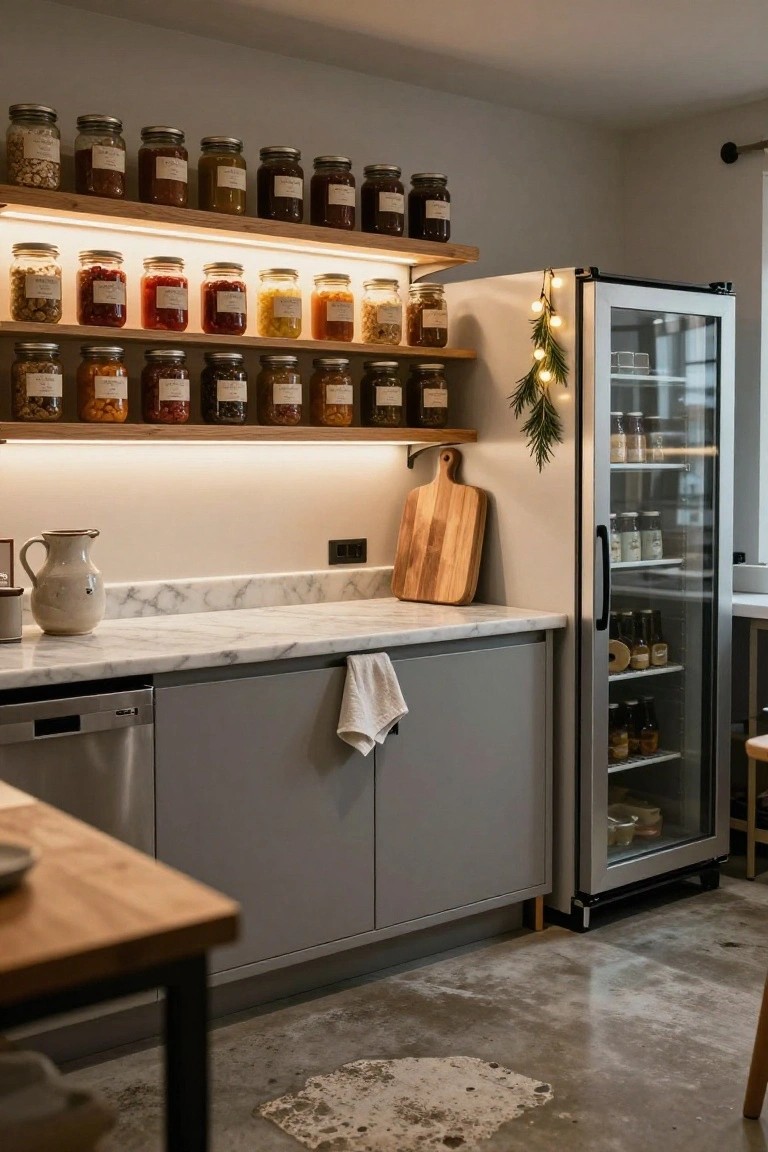 Modern kitchen with marble counter, gray cabinets, and glass pantry.