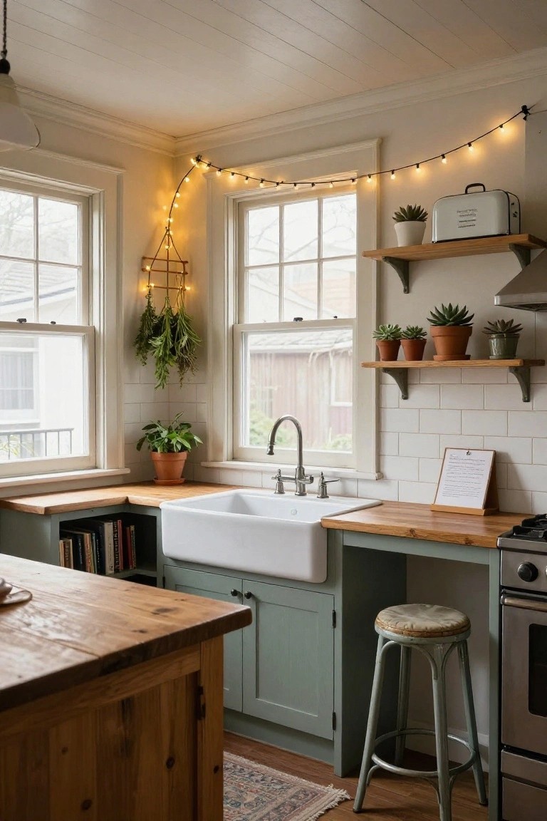 Corner kitchen with teal cabinets, wooden counters, white farmhouse sink, potted plants on shelves, hanging herbs, and warm string lights draped along window frames and walls.