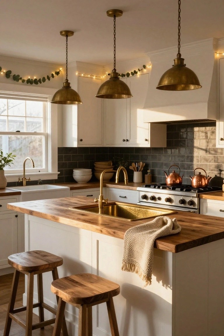 Kitchen with white cabinets, wood island and stools, brass pendant lights and faucets, black tile backsplash, copper kettles on stove, and string lights with eucalyptus garlands along upper walls and window.