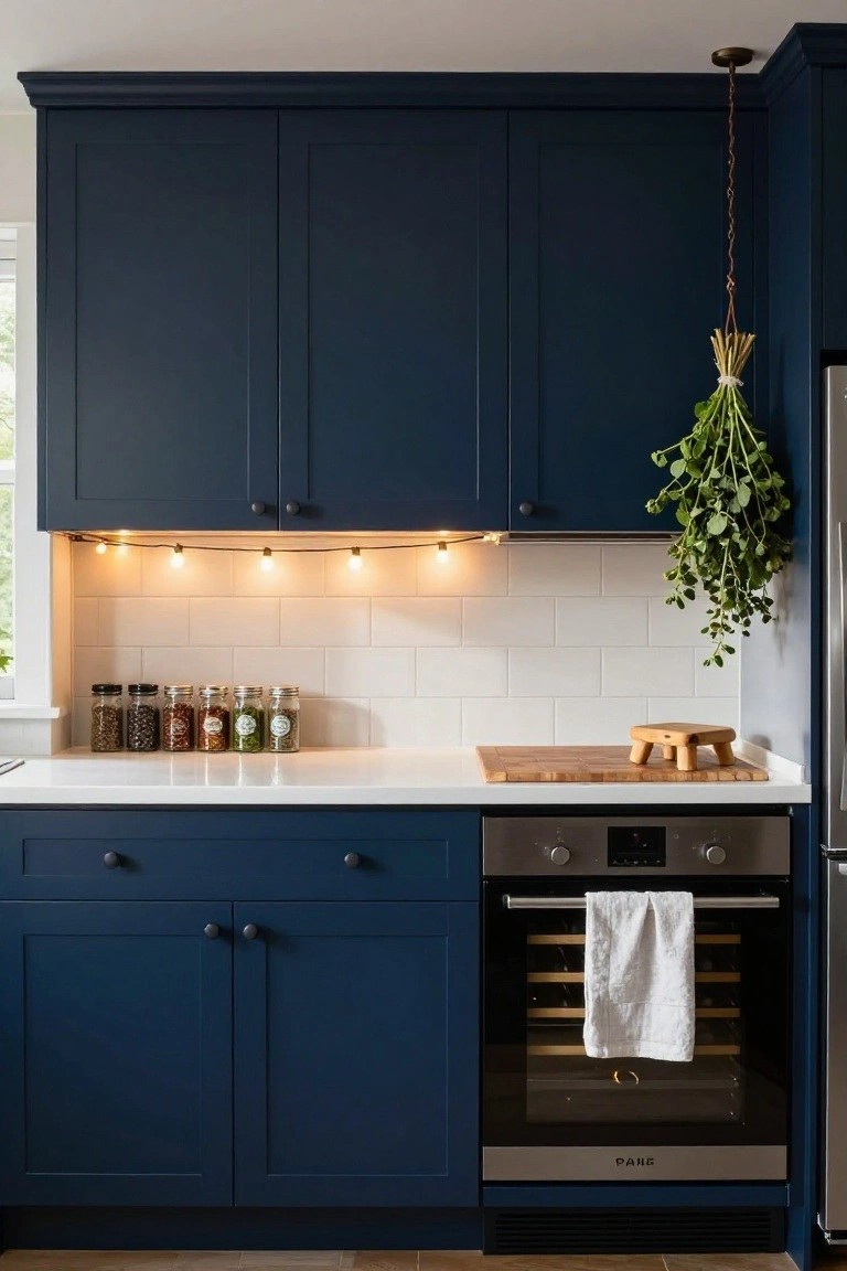 Navy blue kitchen cabinets above and below a white quartz countertop, with warm white string lights mounted under the upper cabinets along a white subway tile backsplash, spice jars on the counter, wooden cutting board, stainless steel oven, and fridge nearby.